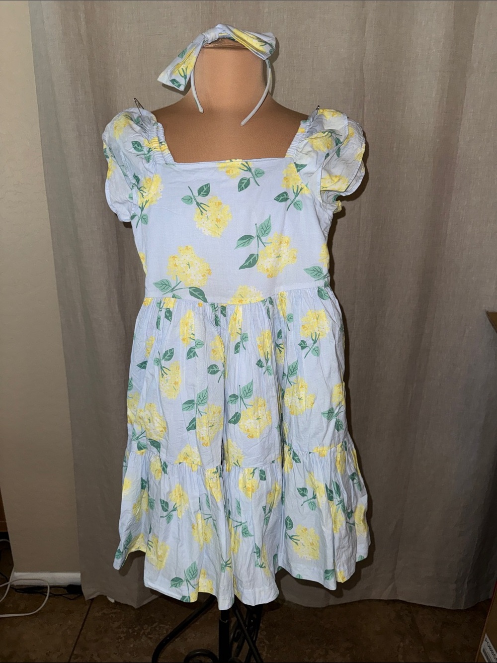 Janie & Jack Girls Yellow Floral Puff-Sleeve Dress with Headband Sz6